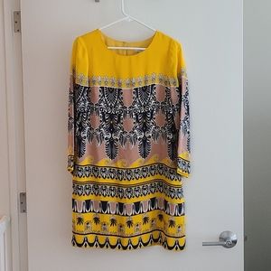 J. Crew yellow and dusty rose dress.